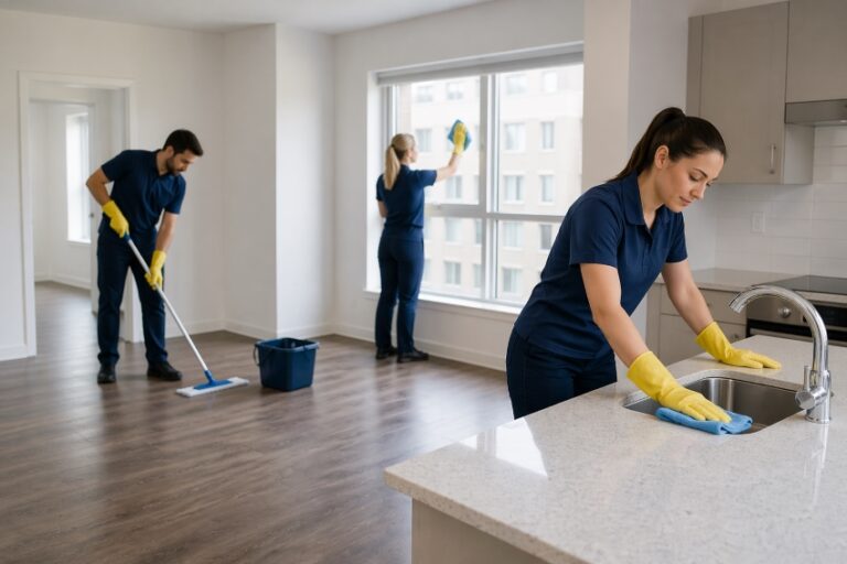 A cleaning team mopping floors and wiping down an empty apartment kitchen during a move-out clean