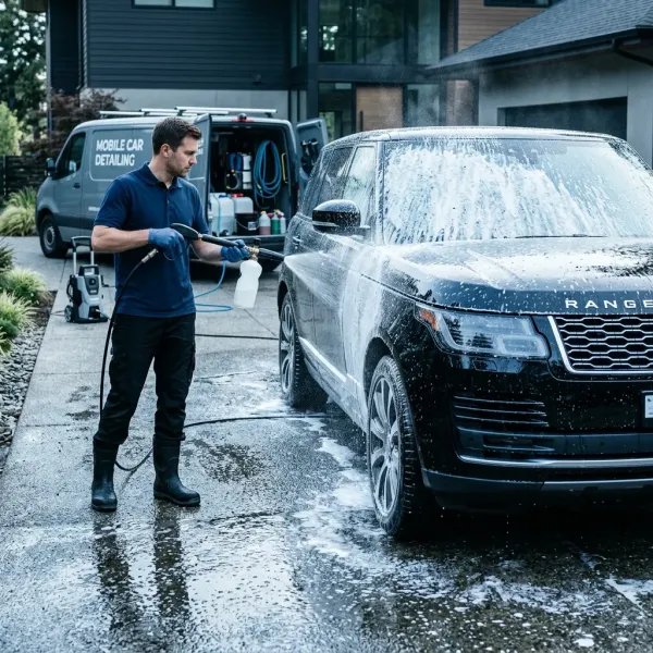 A detailer foam-washing a vehicle on site, with a mobile detailing van parked behind him