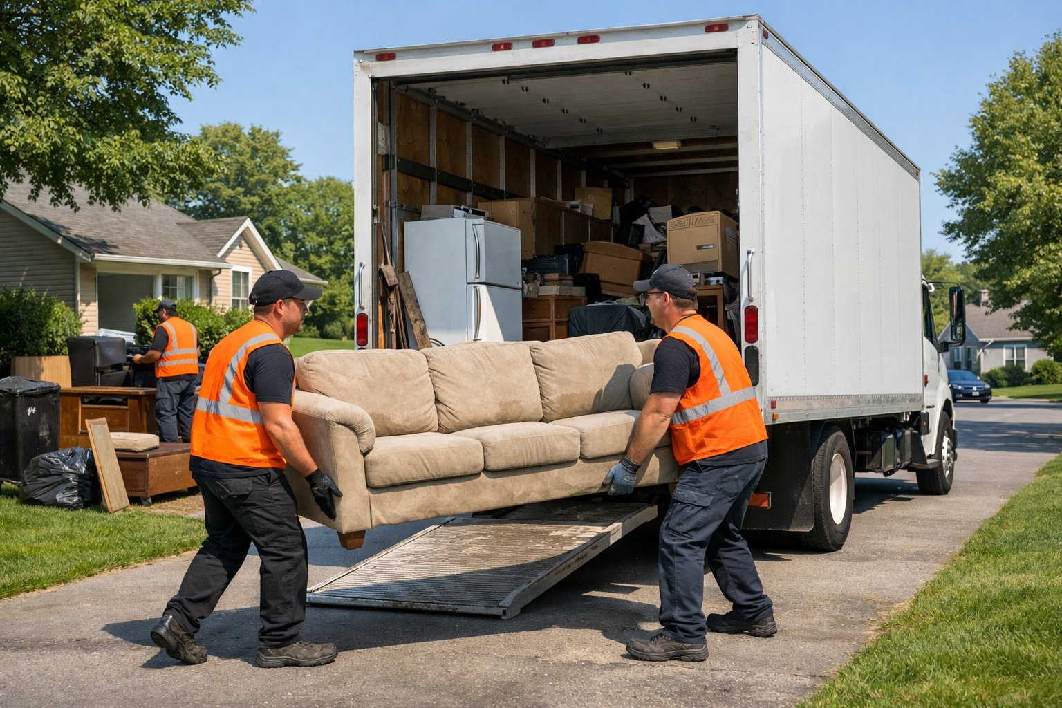 A junk removal crew carrying a sofa up the ramp of a truck already loaded with furniture and boxes