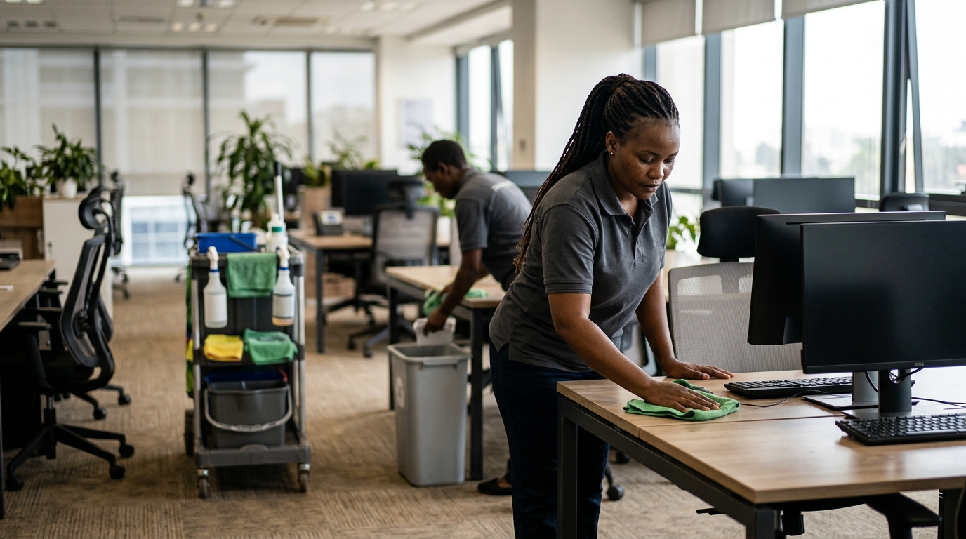 Janitorial workers wiping down desks in a large open-plan office