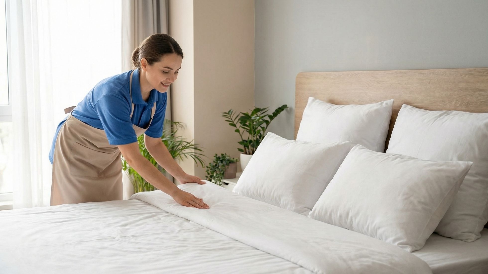 A cleaner making a bed with fresh white linens in a bright vacation rental bedroom